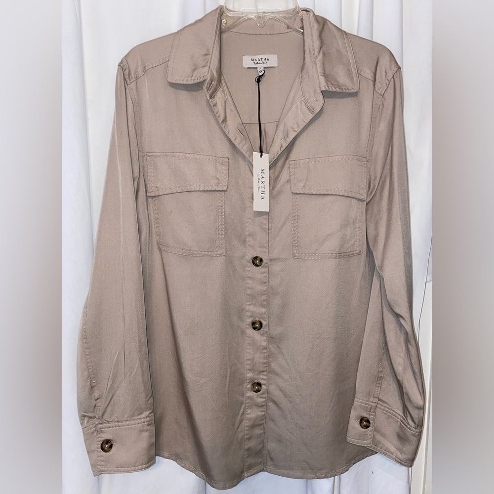 Martha by Martha Stewart The Utility Shirt Washed Taupe Long Sleeve Sz M